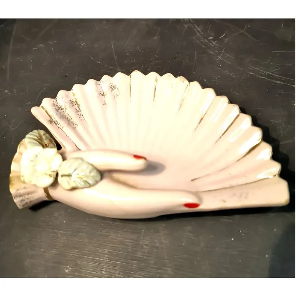 1961.  Vintage Pink Porcelain MCM Hand and Fan Jewelry Trinket Tray Decor
